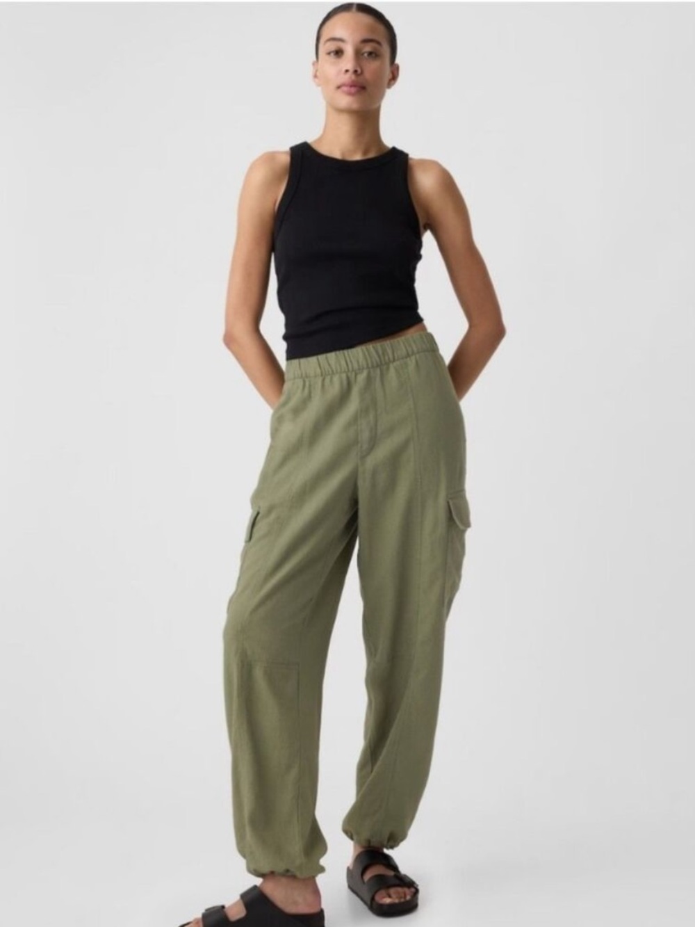 GAP Linen Walden Green Cargo Jogger Pants for Women Pull On w Drawstring sz Med